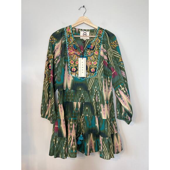 NEW Figue Josie Salome Ikat Print Fatigue Green V-Neck Long Sleeve Mini Dress - Picture 2 of 7